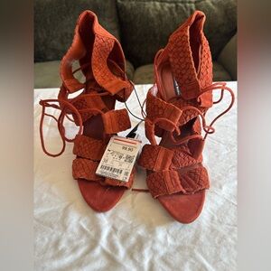 Zara Brick Red Braided Lace-Up Heel Suede Sandals EU 38/US 7.5. NWT